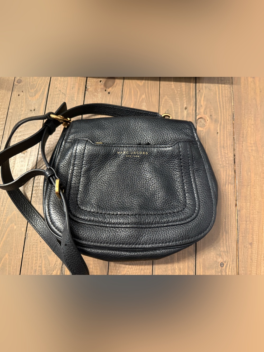 Marc Jacobs Black Pebbled Leather Saddle Messenger with Gold Hardware
